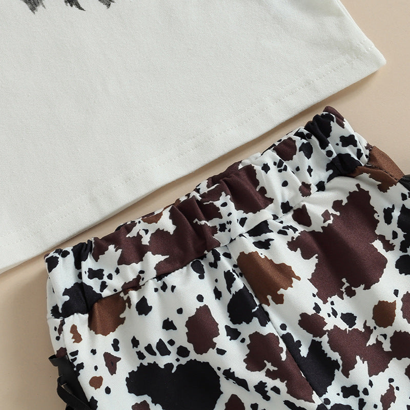 Wholesale Cotton Children's MOODY Cow Head T-shirt Tassel Flared Pants Set Two-piece Set